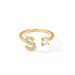 Diamante Monogram Adjustable Gold Alphabet Ring Stainless Steel