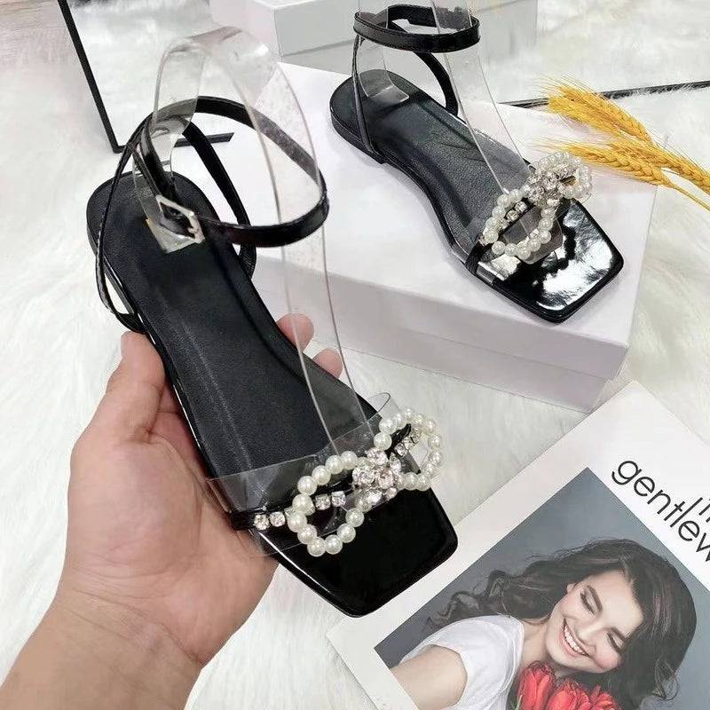 Pearl Bow Diamante Open Toe Ankle Strap Flat Sandals