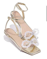 Pearl Bow Diamante Open Toe Ankle Strap Flat Sandals