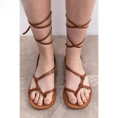 Flat Strappy Knotted Ankle Wrap Vegan Leather Gladiator Sandals