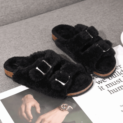 Cork Furry Sole Double Buckle Slide Sandals