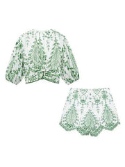 Twist Front Eyelet Lace Mid Sleeve Crop Top and Scalloped Hem Shorts