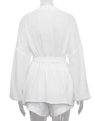 Cotton Wrap Style Sash Tie Waist Bubble Sleeve Top and High Waisted Short Set
