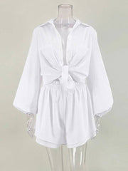 Oversized Button Down Bishop Sleeve Blouse and Lined Double Hem Short Set
