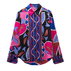 Vibrant Printed Button Down Long Sleeve Blouse and Mini Skirt