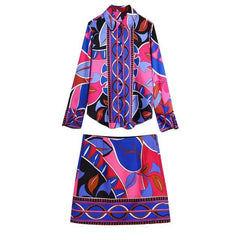 Vibrant Printed Button Down Long Sleeve Blouse and Mini Skirt