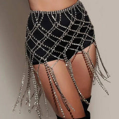Diamante Cut Out Tassel Fringe Chain Mini Skirt