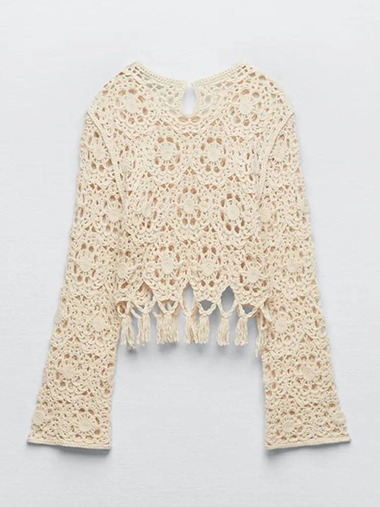 Crochet and Tassel Long Sleeve Crop Top and High Waisted Maxi Skirt