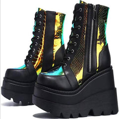 Metallic Lace Up Extreme Platform Mid Ankle Boots