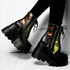 Metallic Lace Up Extreme Platform Mid Ankle Boots