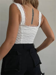 Lace Ruffle Trim Eyelet Tie Front Crop Top