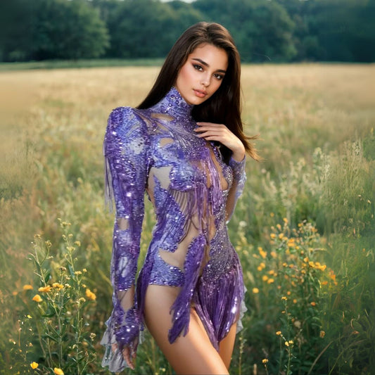 Ra Purple Asymmetrical Sequin & Fringe Festival Bodysuit – Hand-Beaded, One-Sleeve, Eye-Catching Rave & Burner Outfit