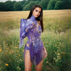 Ra Purple Asymmetrical Sequin & Fringe Festival Bodysuit – Hand-Beaded, One-Sleeve, Eye-Catching Rave & Burner Outfit